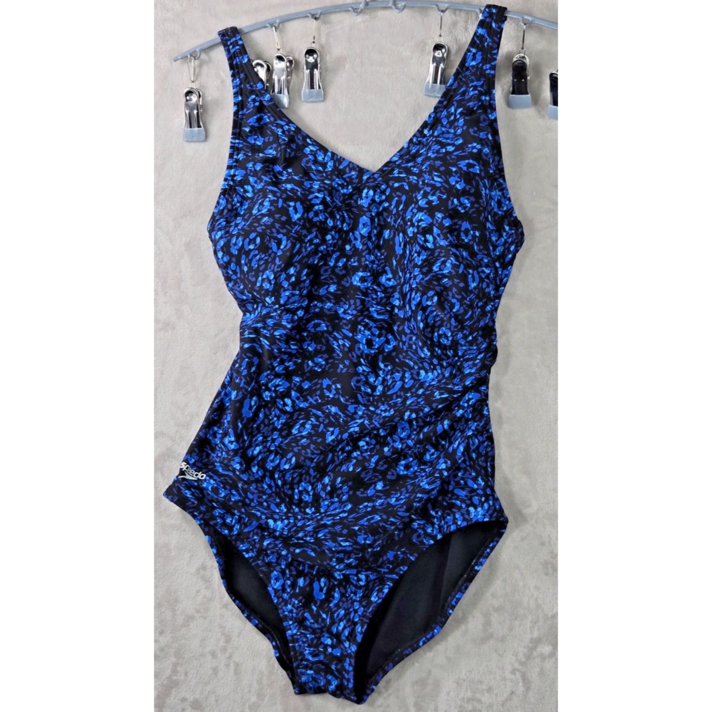 Speedo Womens Sz 10 One Piece Swimsuit Blue Black Animal Print Ruched Tummy